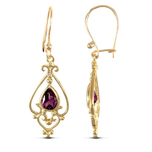 9ct Yellow Gold Fancy Pear Shape Amethyst Drop Earrings - David Ashley