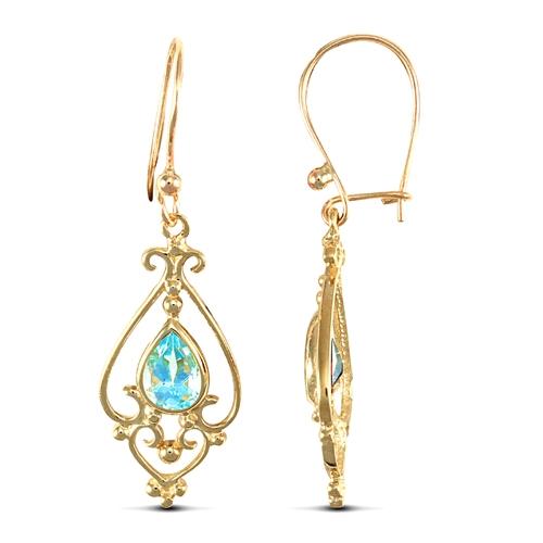 9ct Yellow Gold Fancy Pear Shape Blue Topaz Drop Earrings - David Ashley