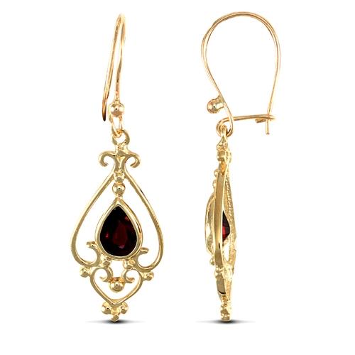 9ct Yellow Gold Fancy Pear Shape Garnet Drop Earrings - David Ashley