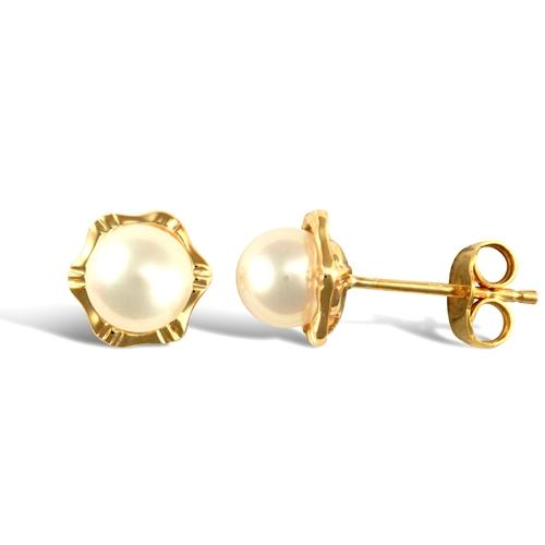 9ct Yellow Gold White Akoya Pearl Flower Stud Earrings 5.5-6mm - David Ashley