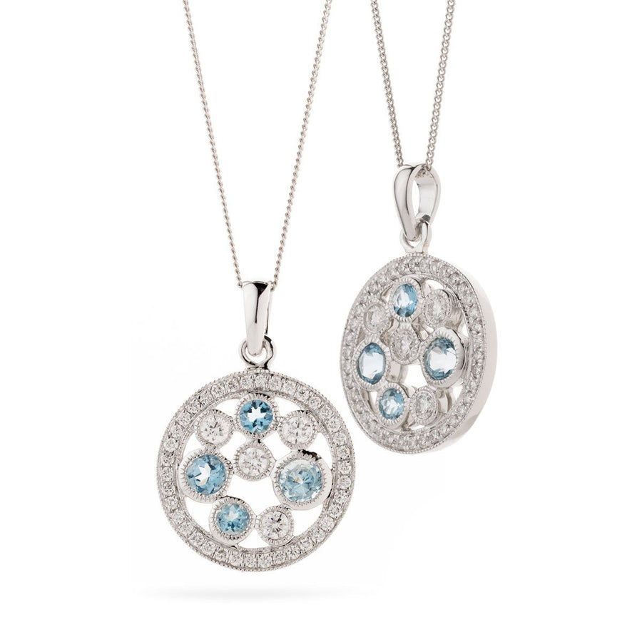 Aquamarine & Diamond Halo Necklace 0.70ct F VS Quality in 18k White Gold - David Ashley