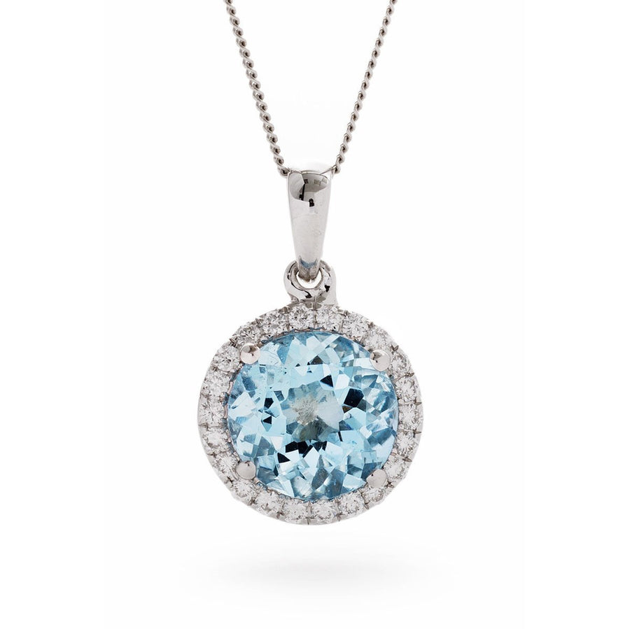 Aquamarine & Diamond Halo Necklace 1.93ct F VS Quality in 18k White Gold - David Ashley