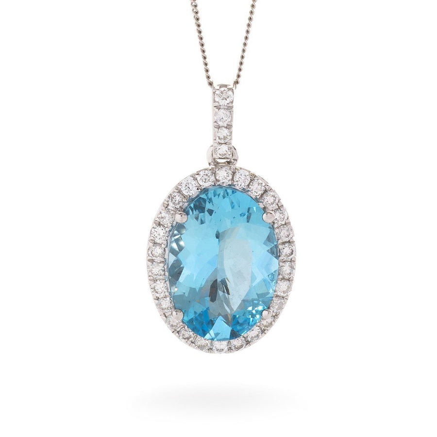 Aquamarine & Diamond Halo Necklace 3.56ct F VS Quality in 18k White Gold - David Ashley