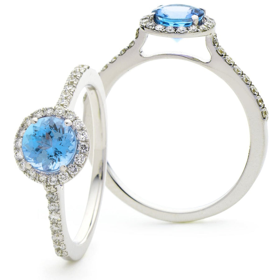 Aquamarine & Diamond Halo Ring 0.95ct F-VS Quality in 18k White Gold - David Ashley