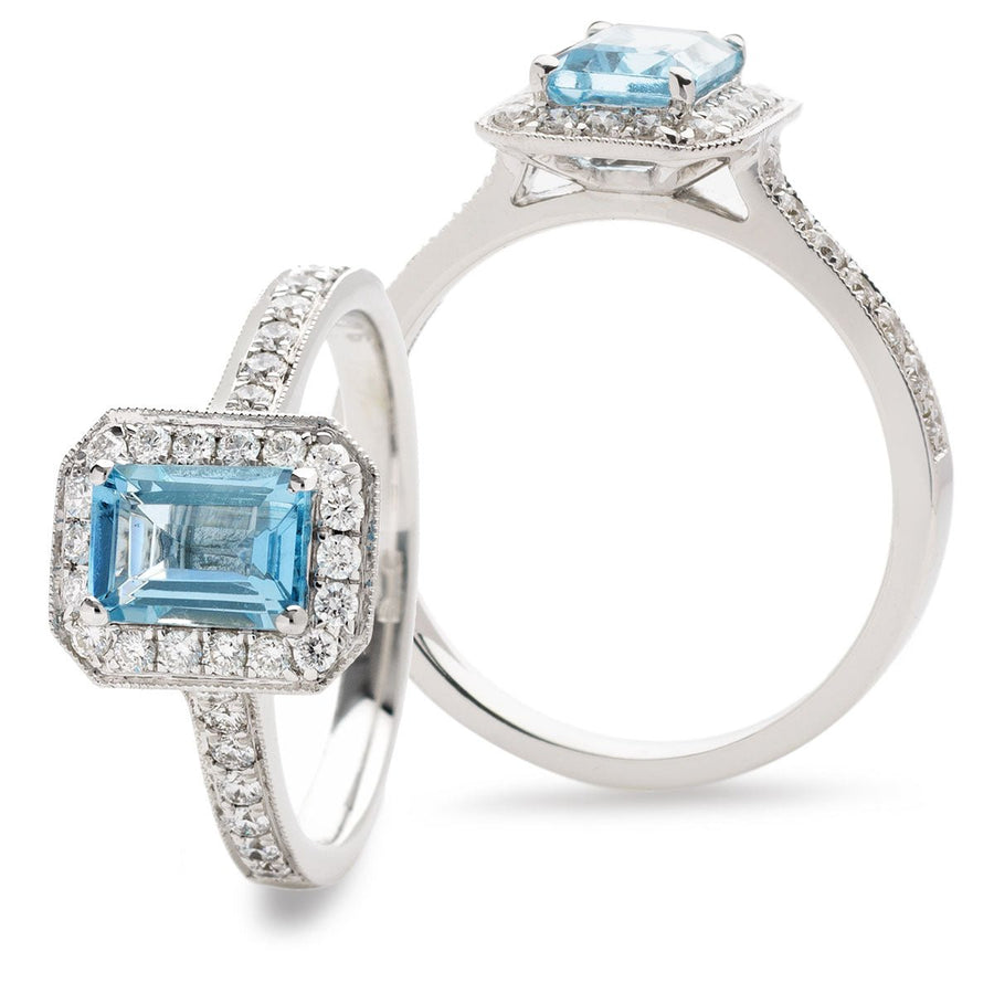 Aquamarine & Diamond Halo Ring 1.28ct F-VS Quality in 18k White Gold - David Ashley