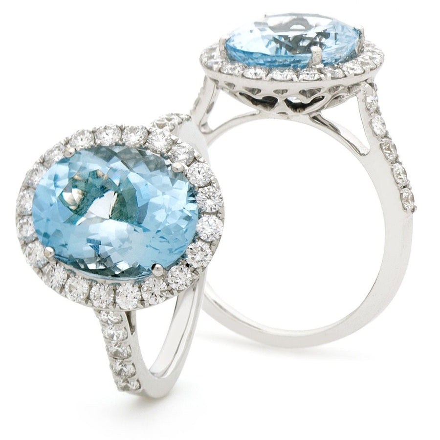 Aquamarine & Diamond Halo Ring 2.60ct F-VS Quality in 18k White Gold - David Ashley
