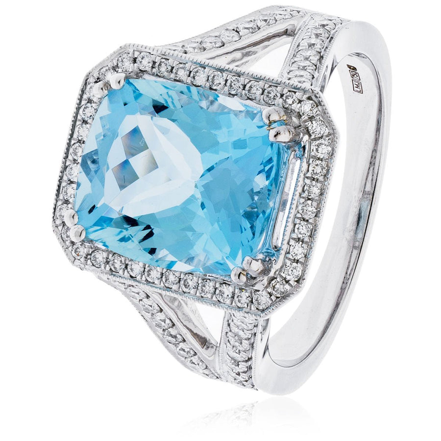 Aquamarine & Diamond Halo Ring 4.80ct F-VS Quality in 18k White Gold - David Ashley