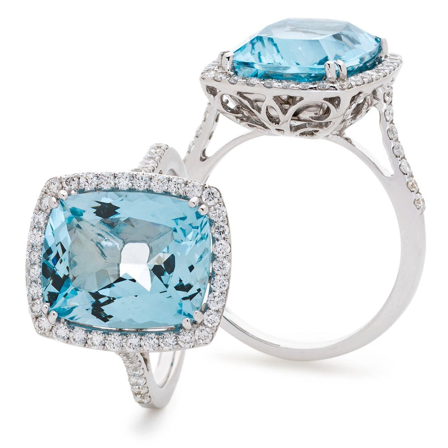 Aquamarine & Diamond Halo Ring 6.99ct F-VS Quality in 18k White Gold - David Ashley