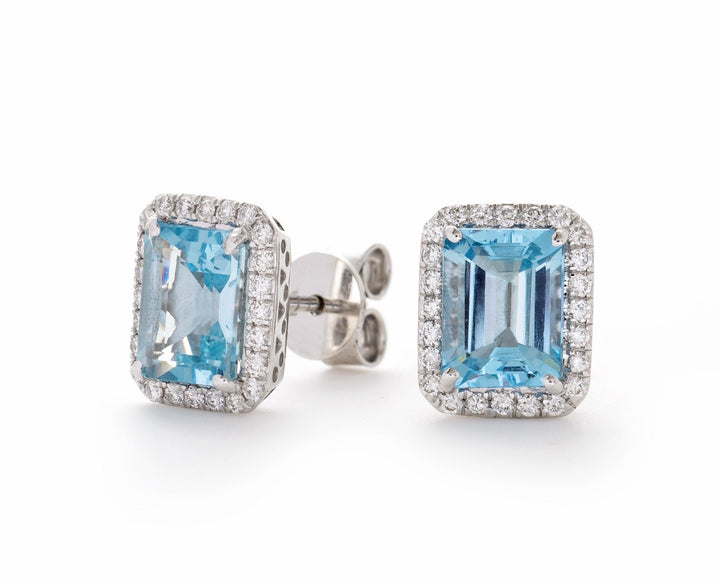 Aquamarine & Diamond Rectangle Cluster Earrings 2.85ct in 18k White Gold - David Ashley