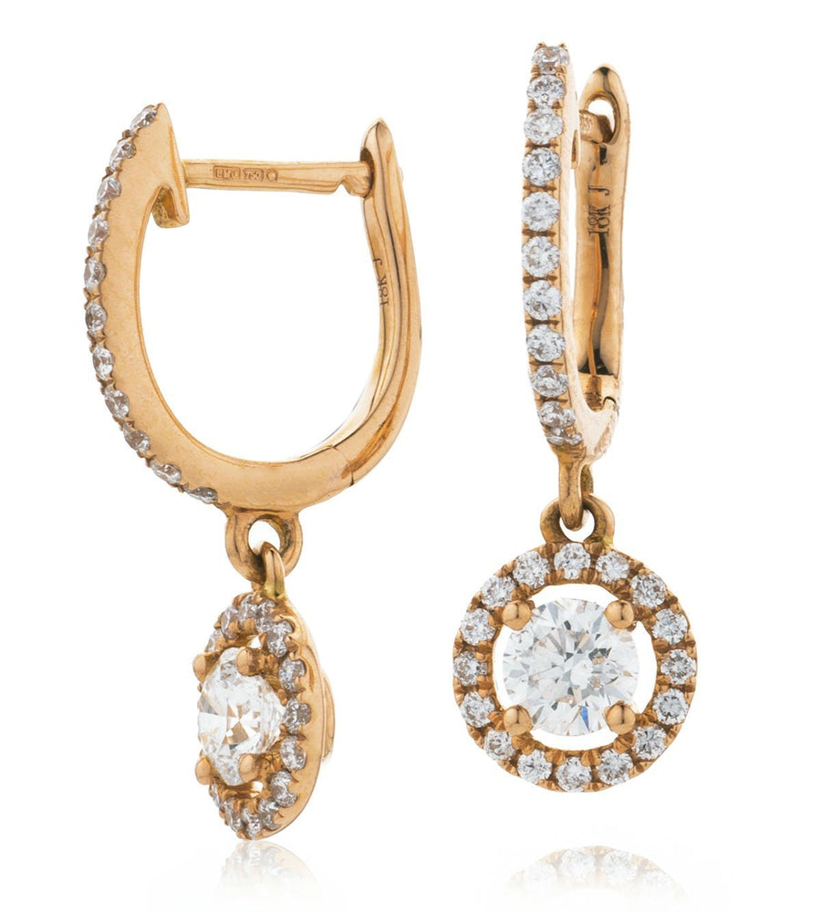 Diamond Drop Earrings 0.85ct F VS Quality in 18k Rose Gold - David Ashley