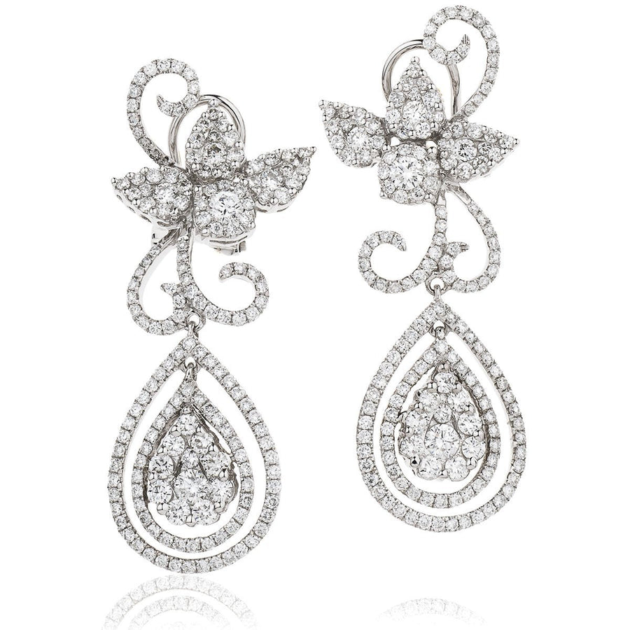 Diamond Drop Earrings 3.15ct F VS Quality in 18k White Gold - David Ashley