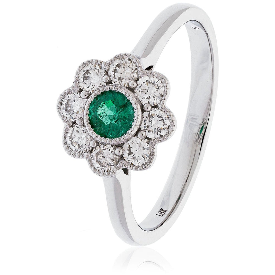 Diamond & Emerald Cluster Ring 0.65ct F-VS Quality in 18k White Gold - David Ashley