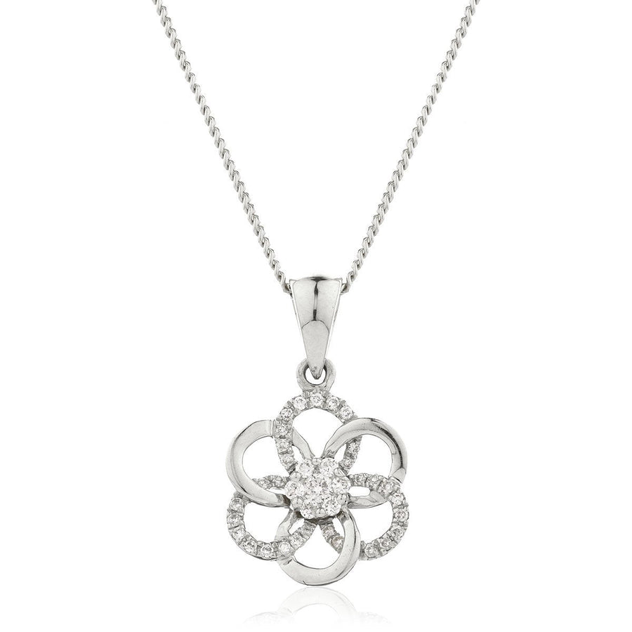 Diamond Flower Pendant Necklace 0.10ct F VS Quality in 18k White Gold - David Ashley
