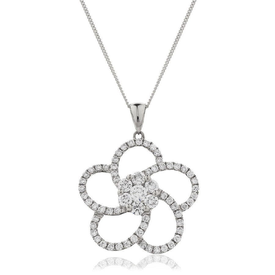 Diamond Flower Pendant Necklace 0.80ct F VS Quality in 18k White Gold - David Ashley