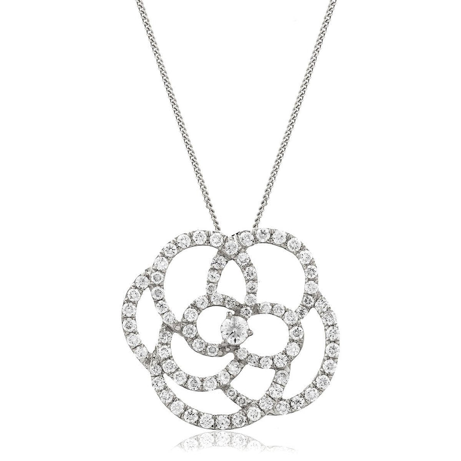 Diamond Flower Pendant Necklace 1.10ct F VS Quality in 18k White Gold - David Ashley