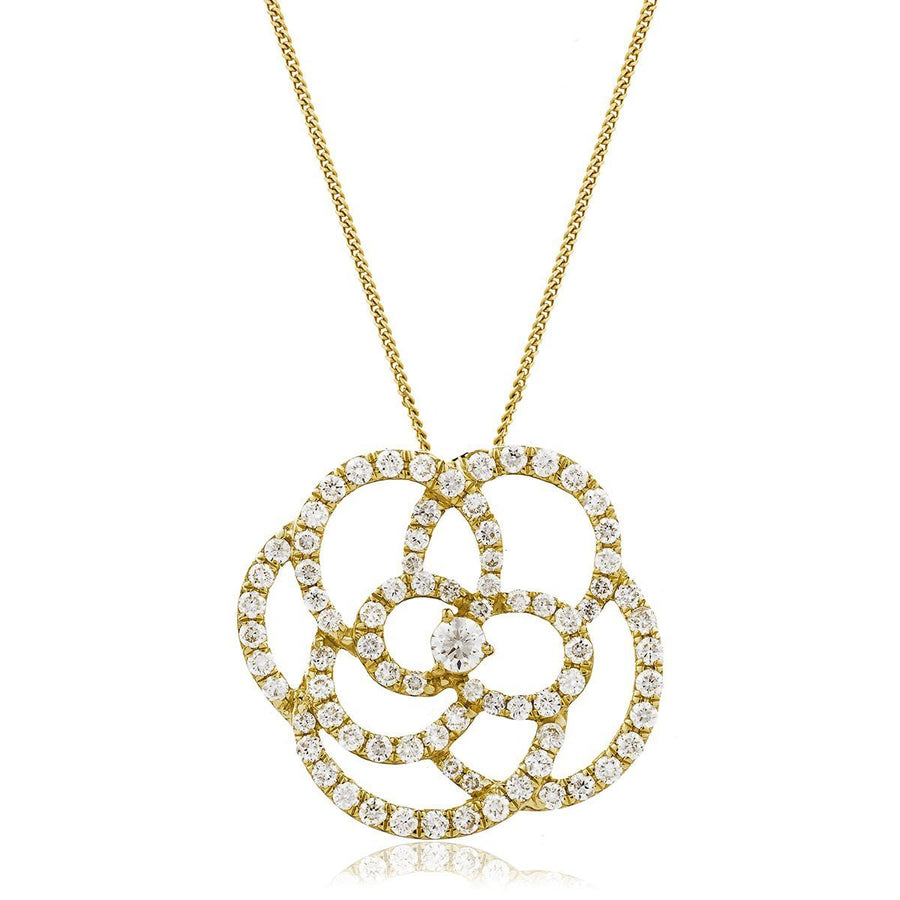 Diamond Flower Pendant Necklace 1.10ct F VS Quality in 18k Yellow Gold - David Ashley