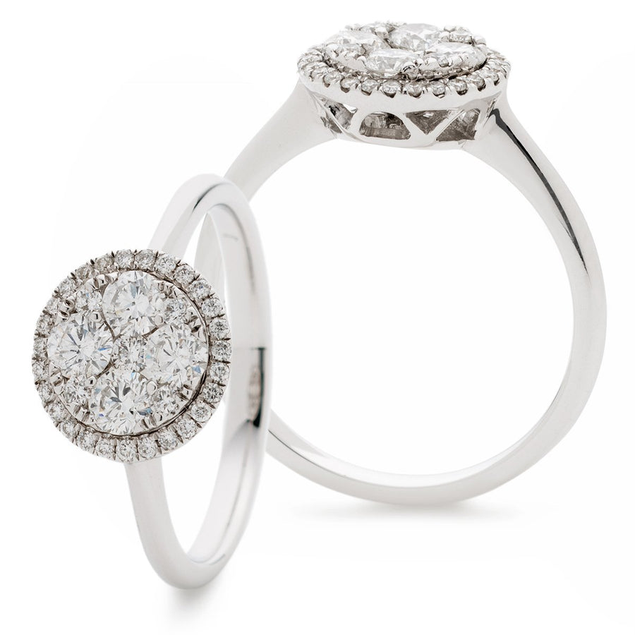 Diamond Halo Cluster Ring 0.60ct F-VS Quality in 18k White Gold - David Ashley