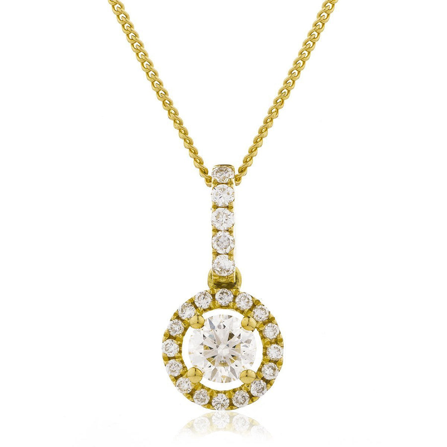 Diamond Halo Pendant Necklace 0.60ct F VS Quality in 18k Yellow Gold - David Ashley