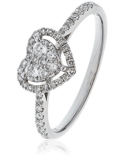 Diamond Heart Halo Cluster Ring 0.50ct F-VS Quality in 18k White Gold - David Ashley