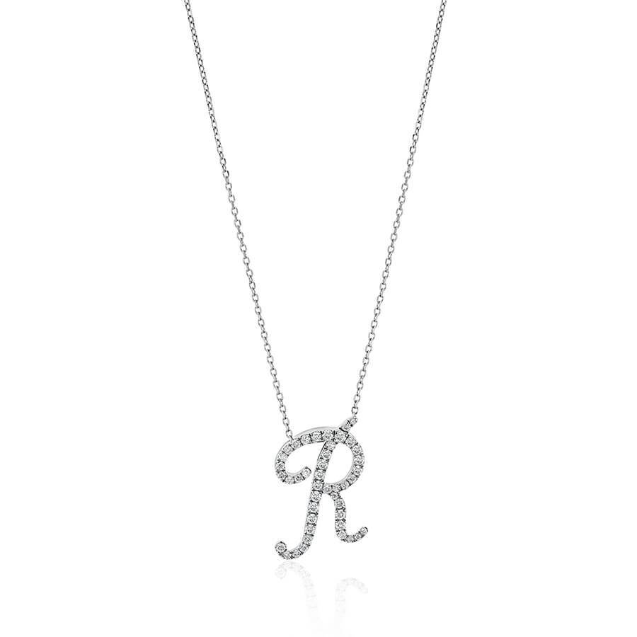 Diamond Initial R Necklace 0.45ct G SI Quality in 9k White Gold - David Ashley