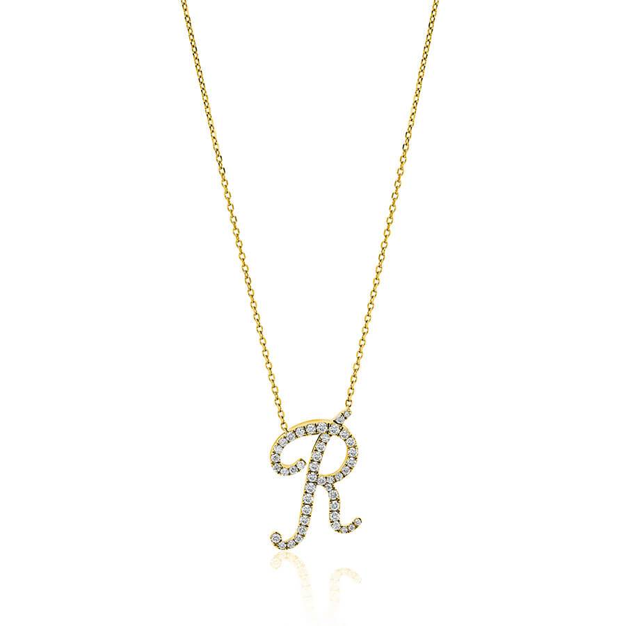 Diamond Initial R Necklace 0.45ct G SI Quality in 9k Yellow Gold - David Ashley