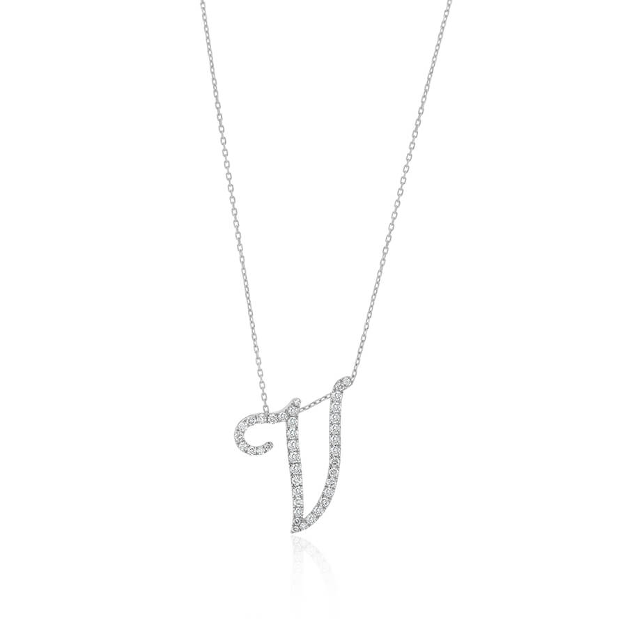 Diamond Initial V Necklace 0.41ct G SI Quality in 9k White Gold - David Ashley