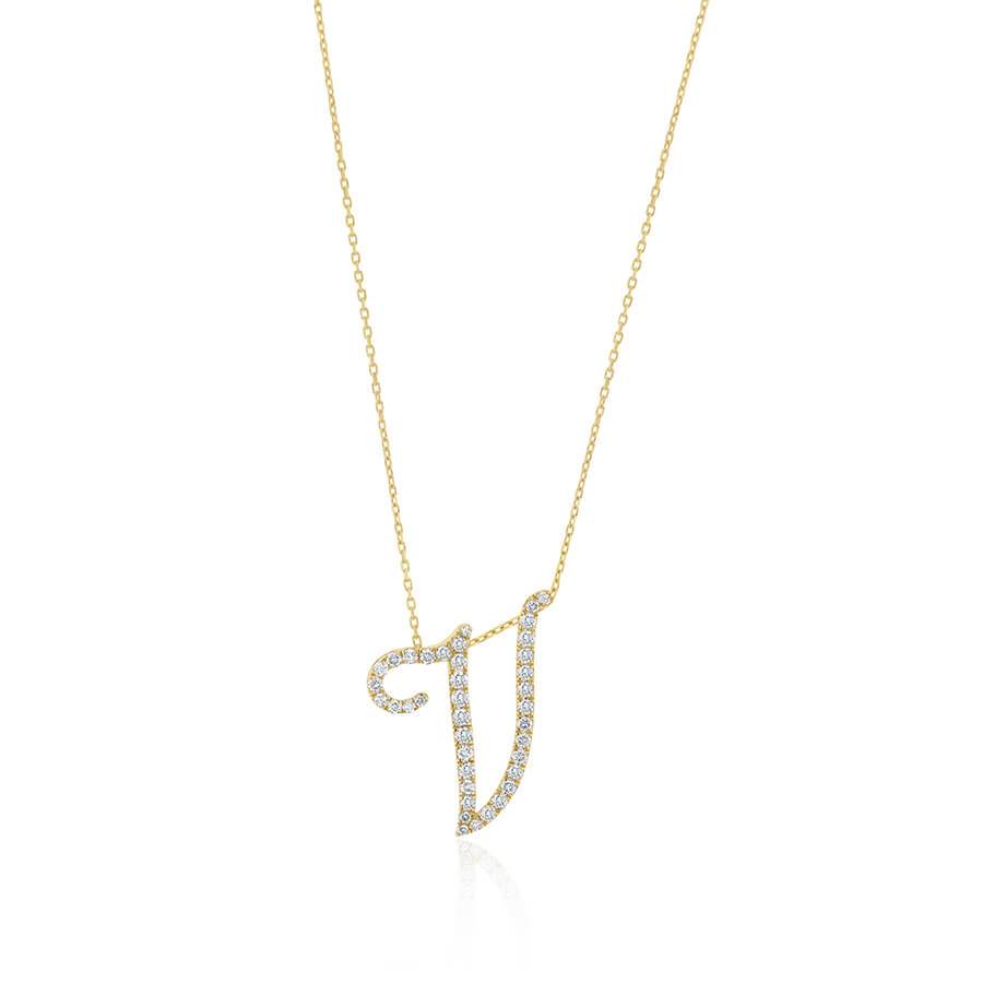 Diamond Initial V Necklace 0.41ct G SI Quality in 9k Yellow Gold - David Ashley