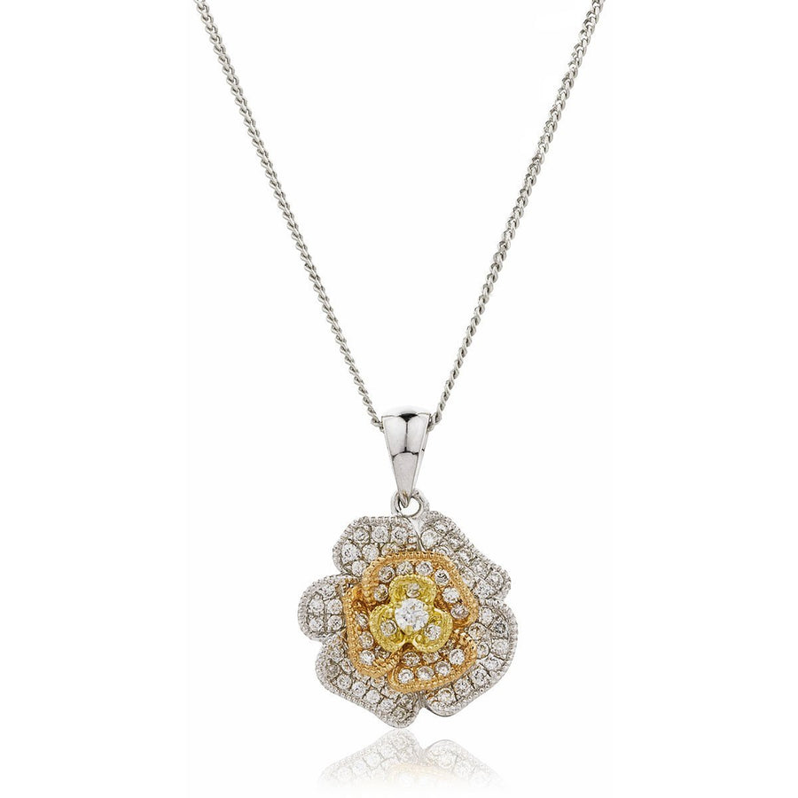 Diamond Rose Pendant Necklace 0.25ct F VS Quality in 18k 3 Tone Gold - David Ashley