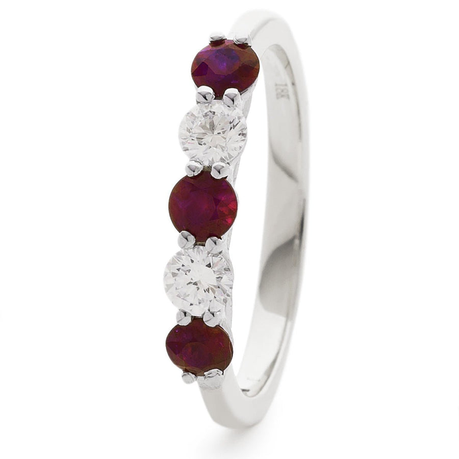 Diamond & Ruby 5 Stone Ring 0.85ct F-VS Quality in 18k White Gold - David Ashley