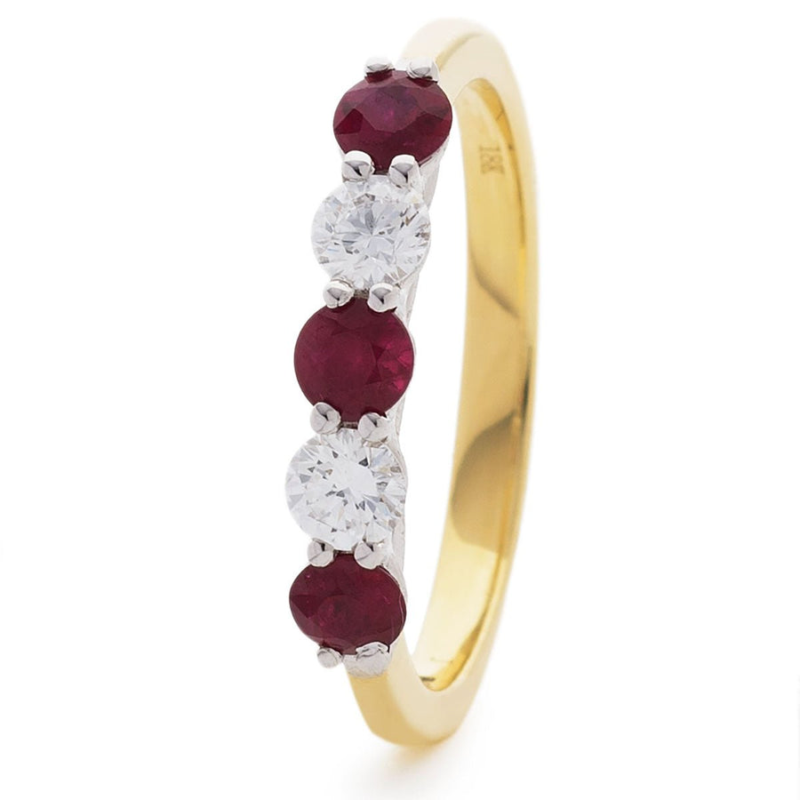 Diamond & Ruby 5 Stone Ring 0.85ct F-VS Quality in 18k Yellow Gold - David Ashley