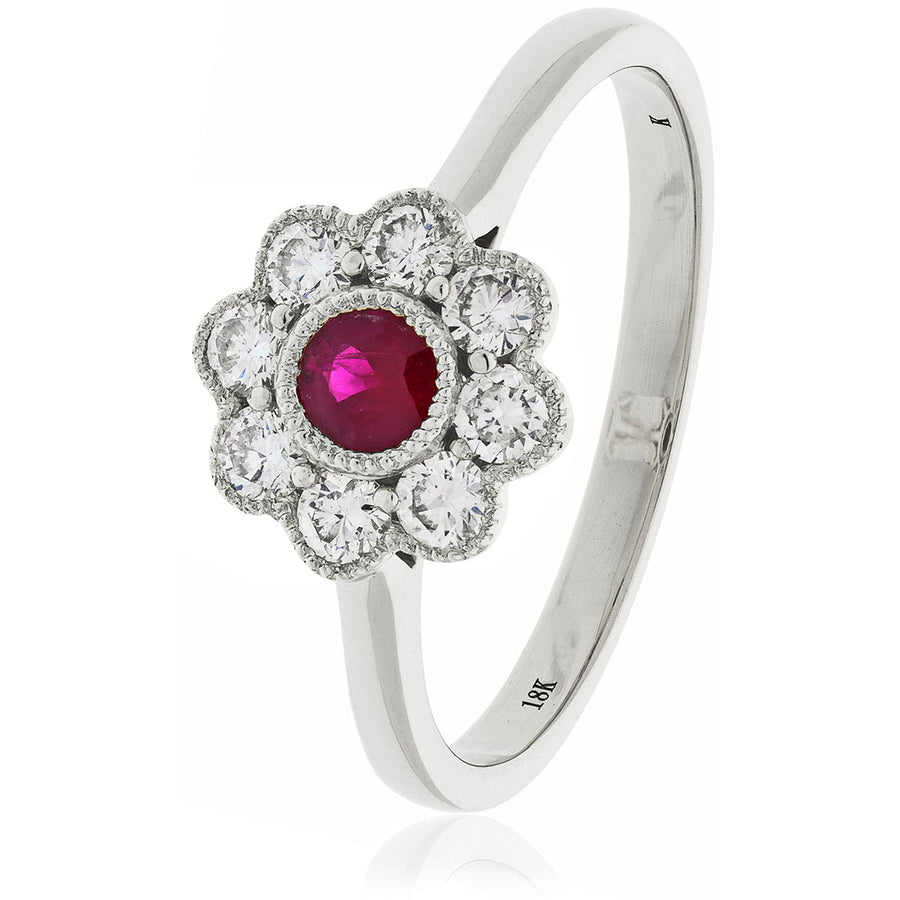 Diamond & Ruby Cluster Ring 0.65ct F-VS Quality in 18k White Gold - David Ashley