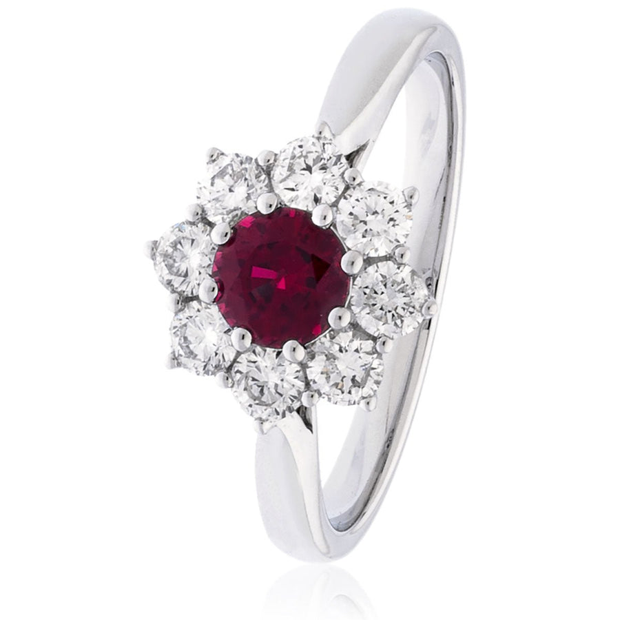 Diamond & Ruby Cluster Ring 1.10ct F-VS Quality in 18k White Gold - David Ashley