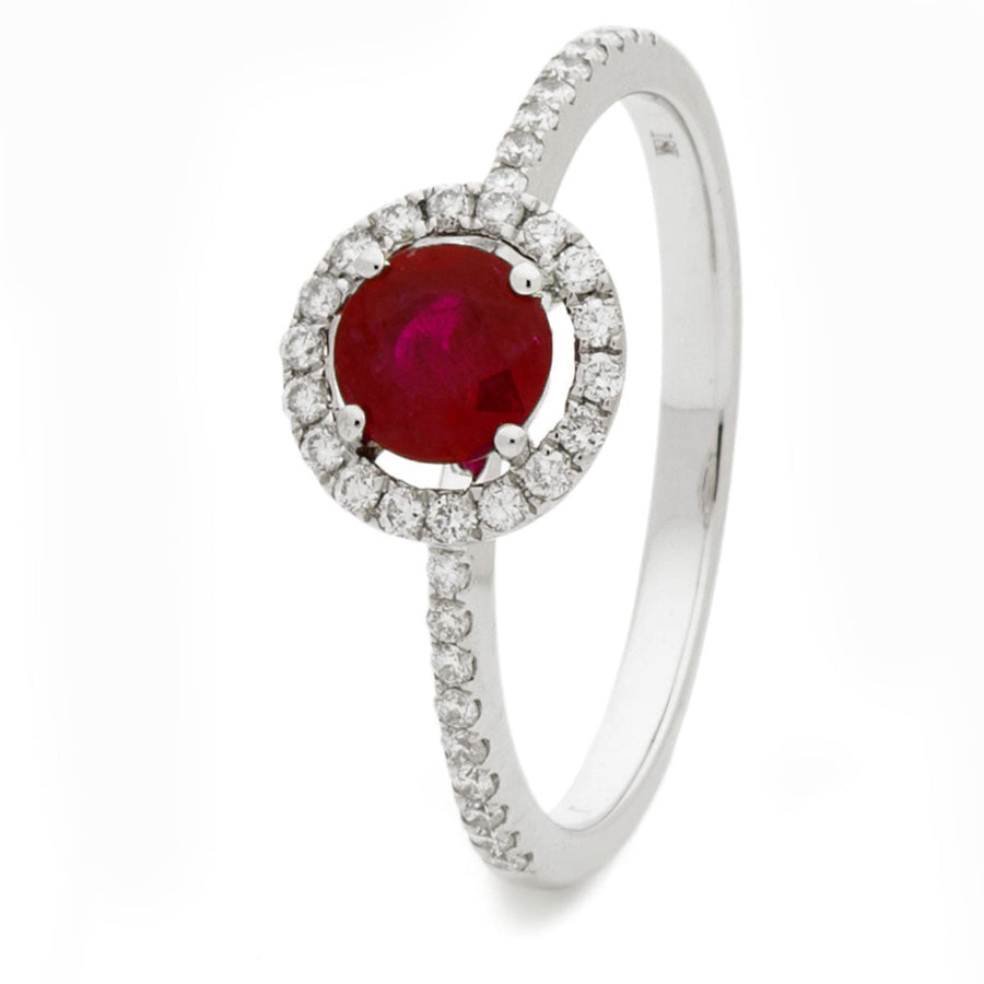 Diamond & Ruby Halo Engagement Ring 0.80ct F-VS Quality 18k White Gold - David Ashley