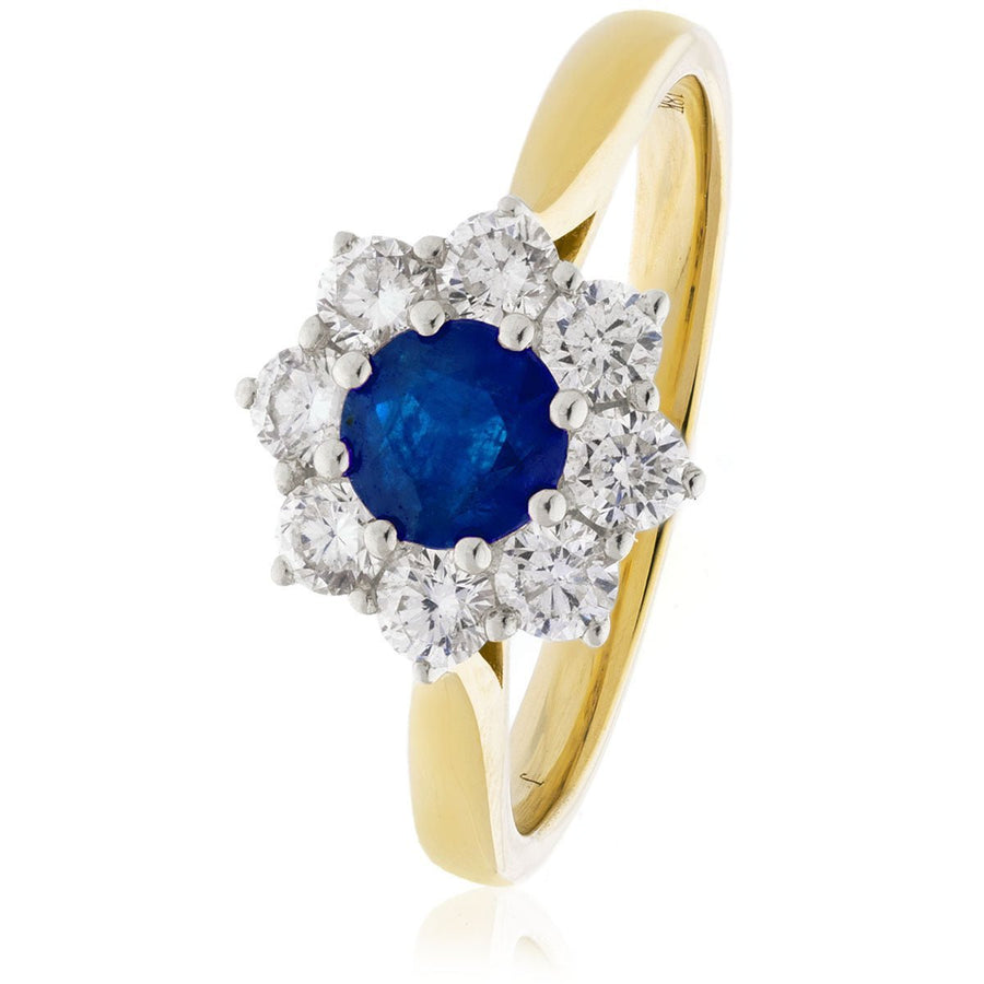 Diamond & Sapphire Cluster Ring 0.70ct F-VS Quality in 18k Yellow Gold - David Ashley