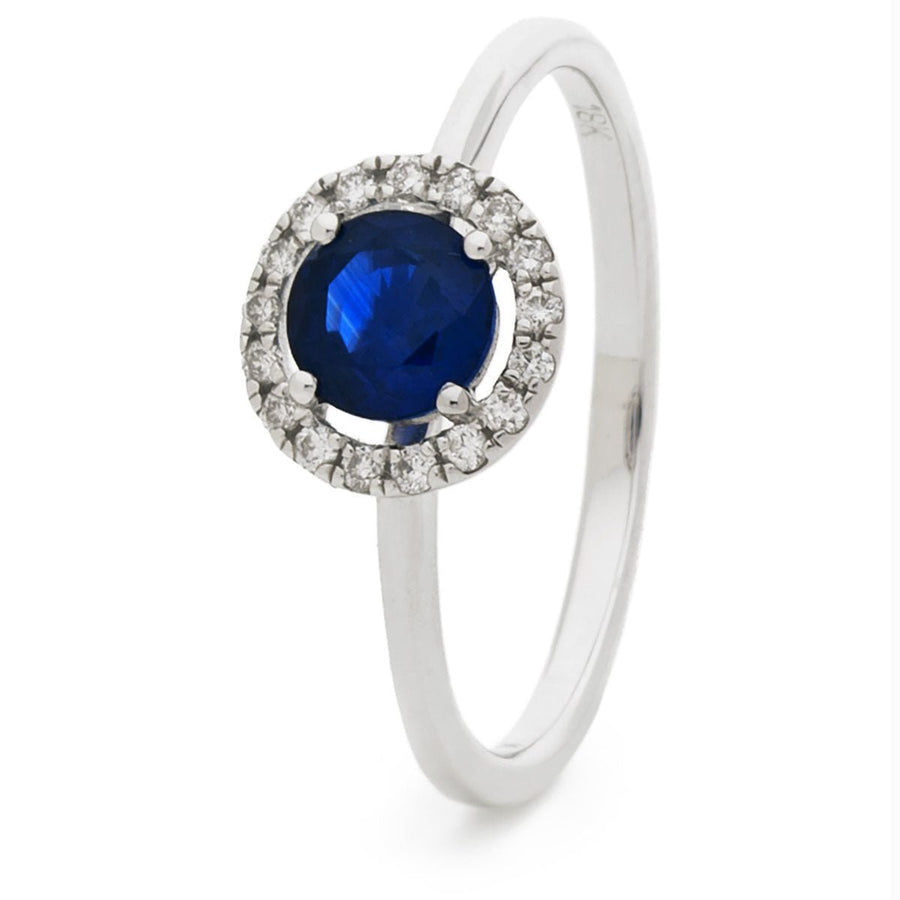 Diamond & Sapphire Halo Ring 0.75ct F-VS Quality in 18k White Gold - David Ashley