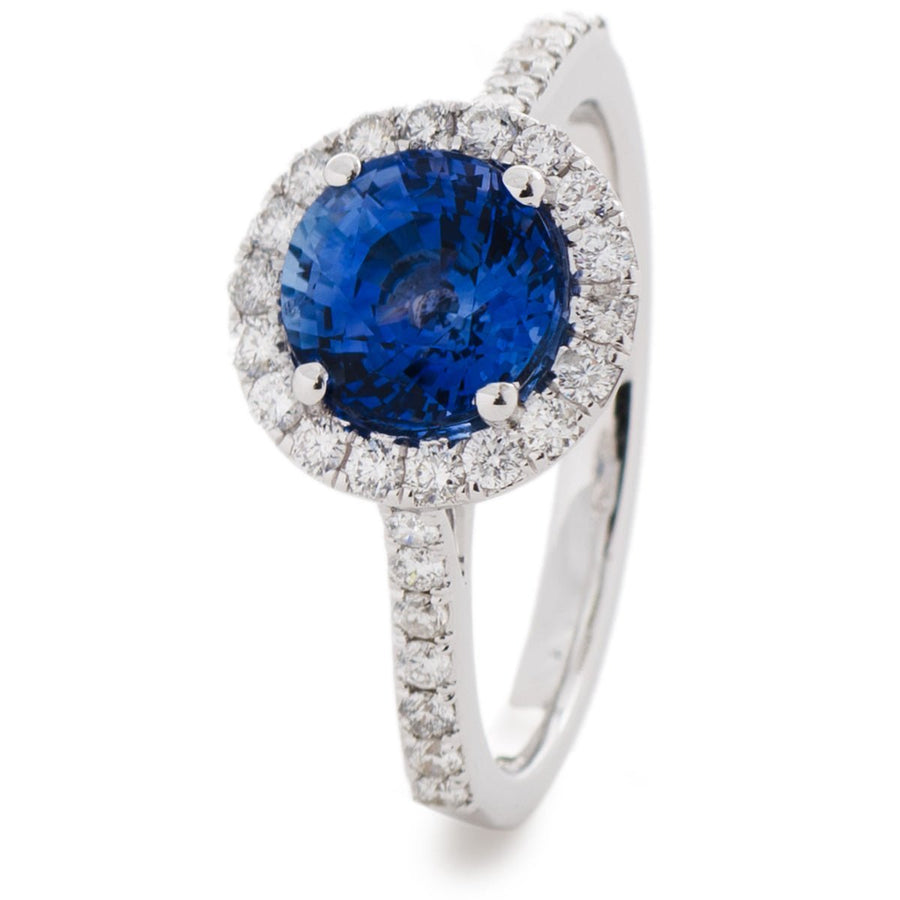 Diamond & Sapphire Halo Ring 2.67ct F-VS Quality in 18k White Gold - David Ashley