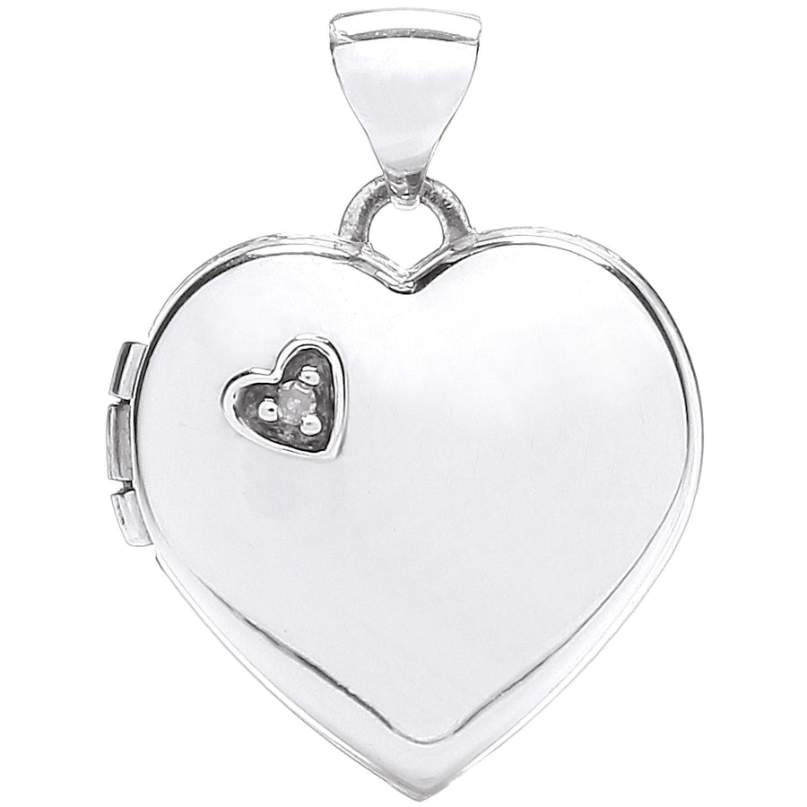 Diamond Set Heart Shaped Locket Pendant Necklace in 9ct White Gold - David Ashley