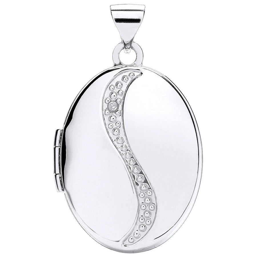 Diamond Set Oval Shaped Locket Pendant Necklace in 9ct White Gold - David Ashley
