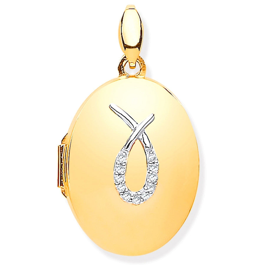 Diamond Set Oval Shaped Locket Pendant Necklace in 9ct Yellow Gold - David Ashley
