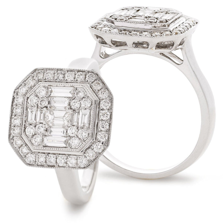 Diamond Square Halo Cluster Ring 0.90ct F-VS Quality 18k White Gold - David Ashley