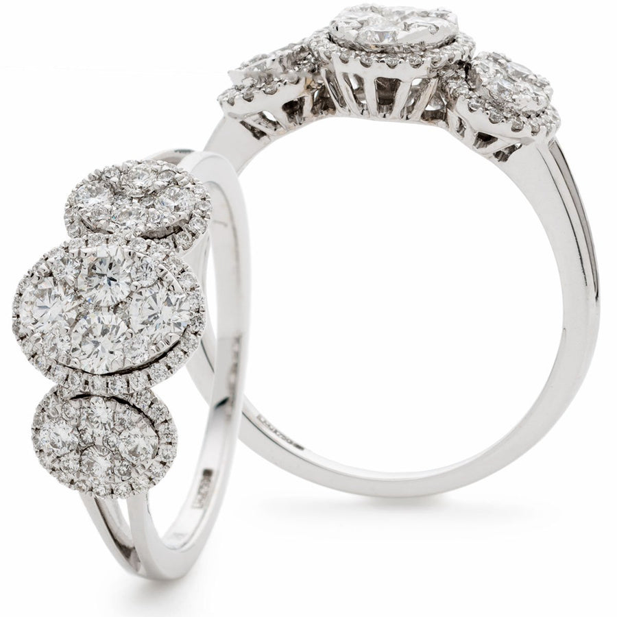 Diamond Trilogy Halo Cluster Ring 0.80ct F-VS Quality 18k White Gold - David Ashley