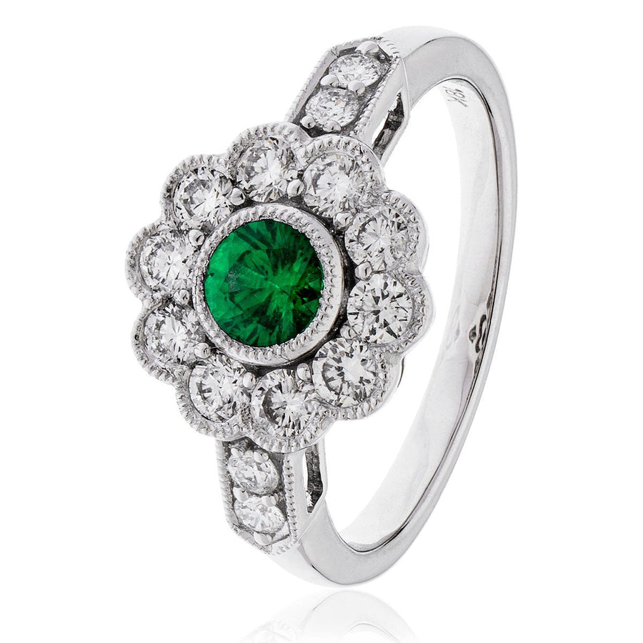 Emerald & Diamond Cluster Ring 0.95ct F-VS Quality in 18k White Gold - David Ashley