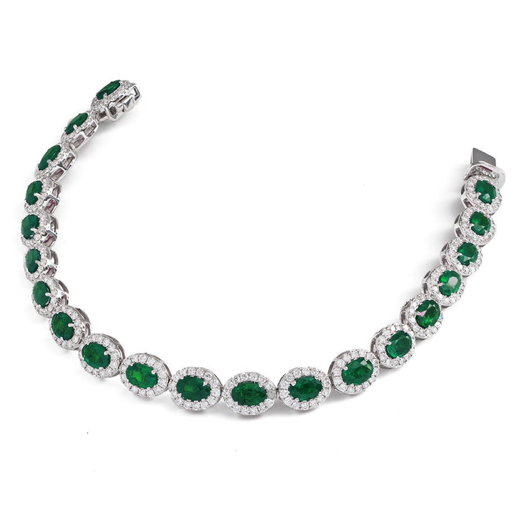 Emerald & Diamond Halo Bracelet 12.30ct F VS Quality in 18k White Gold - David Ashley