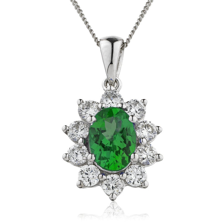 Emerald & Diamond Halo Necklace 0.75ct F VS Quality in 18k White Gold - David Ashley