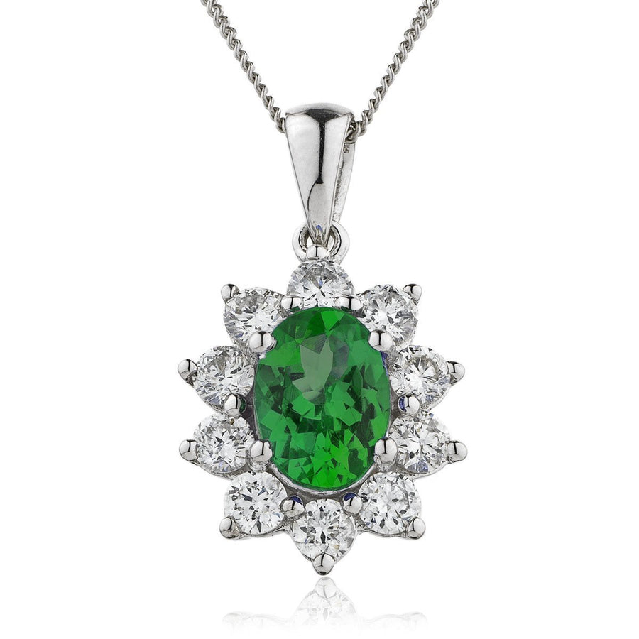 Emerald & Diamond Halo Necklace 0.75ct F VS Quality in 18k White Gold - David Ashley