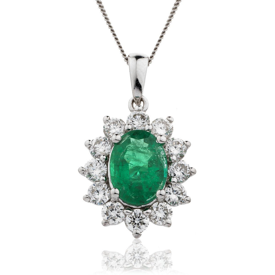 Emerald & Diamond Halo Necklace 1.60ct F VS Quality in 18k White Gold - David Ashley