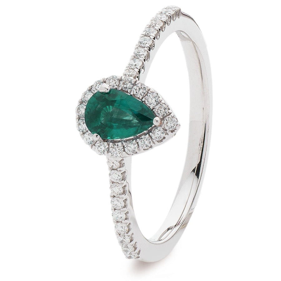 Emerald & Diamond Halo Ring 0.50ct F-VS Quality 18k White Gold - David Ashley