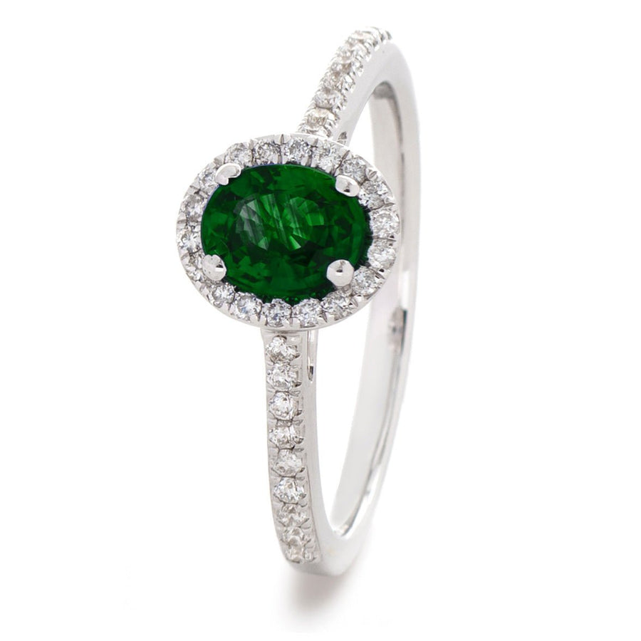 Emerald & Diamond Halo Ring 1.10ct F-VS Quality 18k White Gold - David Ashley
