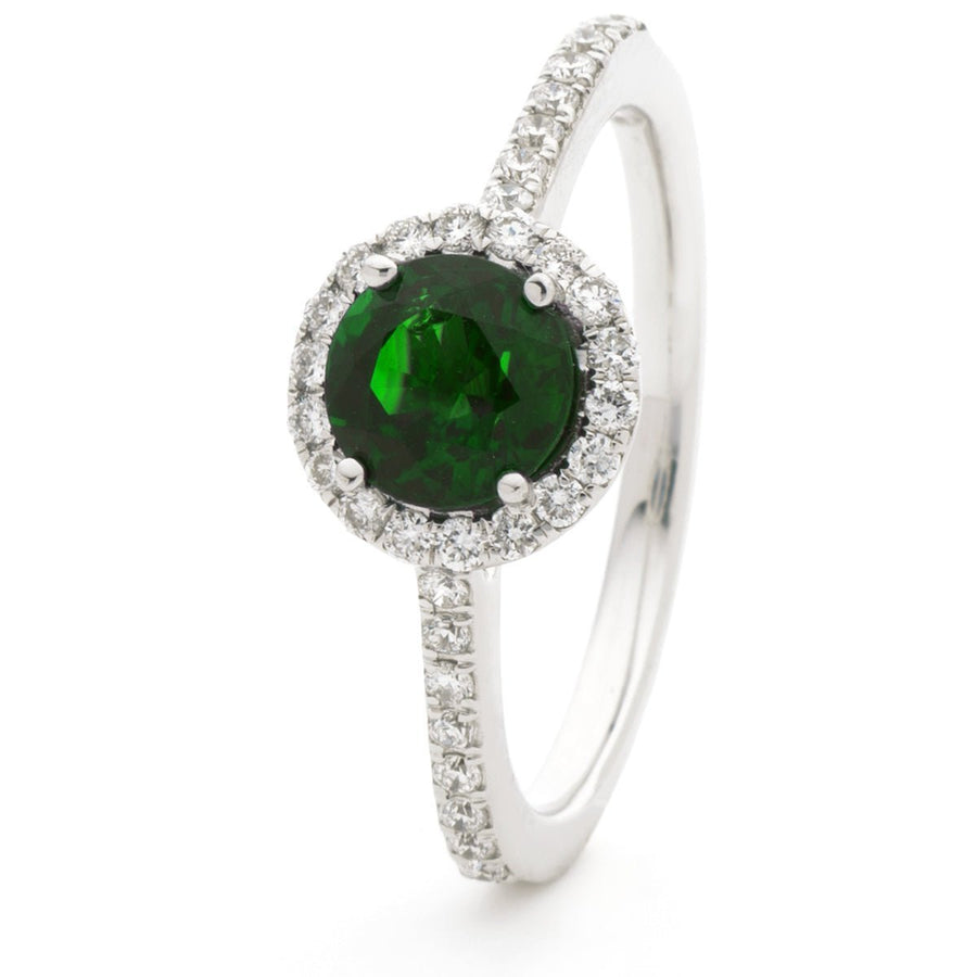 Emerald & Diamond Halo Ring 1.15ct F-VS Quality 18k White Gold - David Ashley