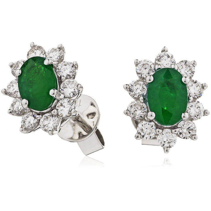 Emerald & Diamond Oval Cluster Earrings 1.50ct in 18k White Gold - David Ashley